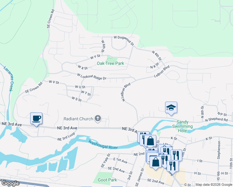 map of restaurants, bars, coffee shops, grocery stores, and more near 410 West U Street in Washougal