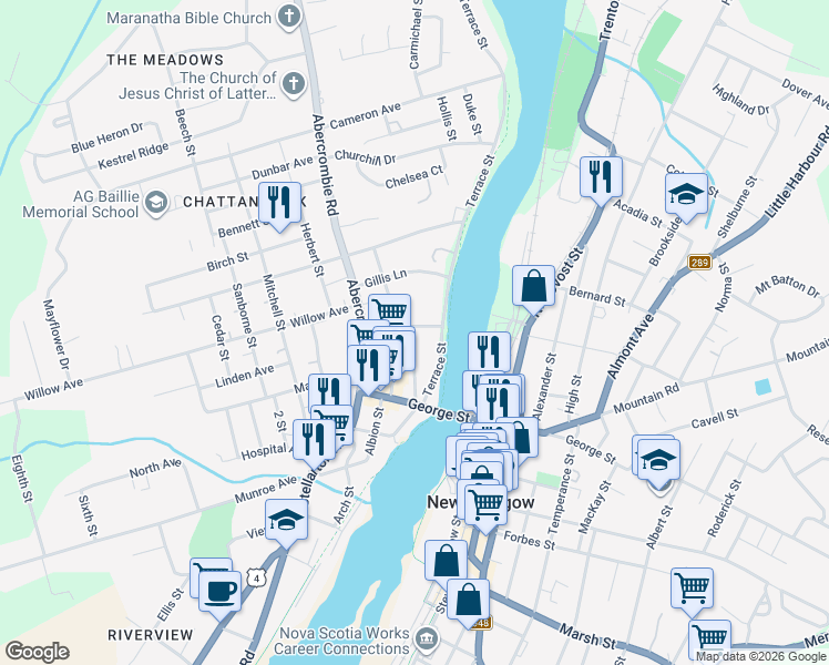 map of restaurants, bars, coffee shops, grocery stores, and more near 42 Bell Street in New Glasgow
