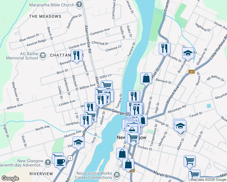 map of restaurants, bars, coffee shops, grocery stores, and more near 42 Bell Street in New Glasgow