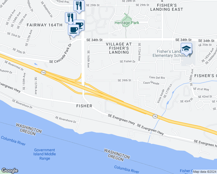 map of restaurants, bars, coffee shops, grocery stores, and more near 3950 Southeast 168th Avenue in Vancouver