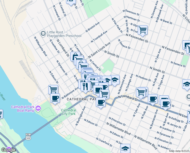 map of restaurants, bars, coffee shops, grocery stores, and more near 8022 North Chicago Avenue in Portland