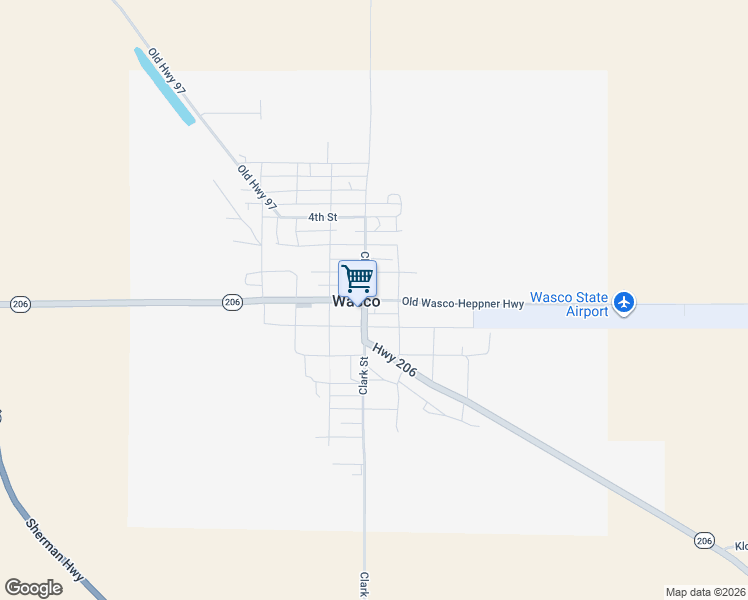 map of restaurants, bars, coffee shops, grocery stores, and more near Old Wasco-Heppner Highway in Wasco