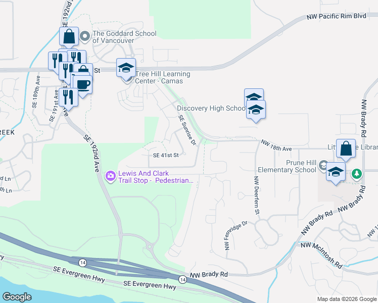 map of restaurants, bars, coffee shops, grocery stores, and more near 4035 Southeast 199th Avenue in Camas