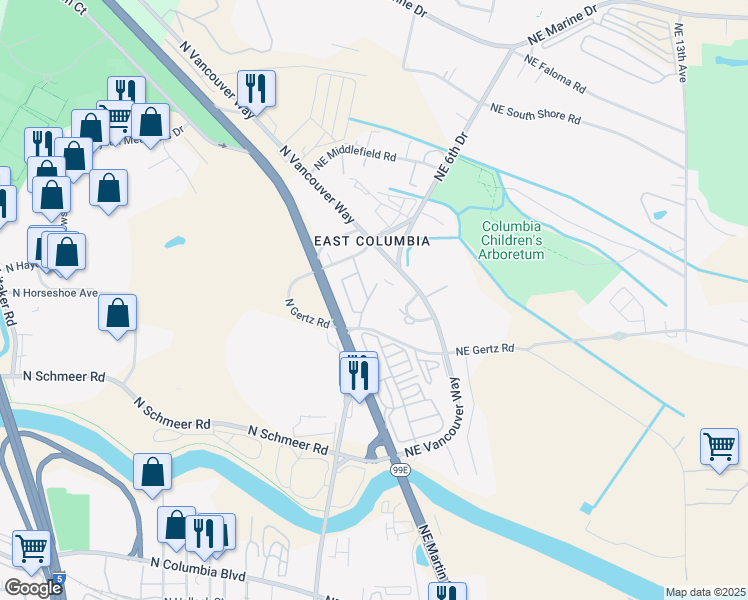 map of restaurants, bars, coffee shops, grocery stores, and more near 9525 Northeast Gertz Circle in Portland