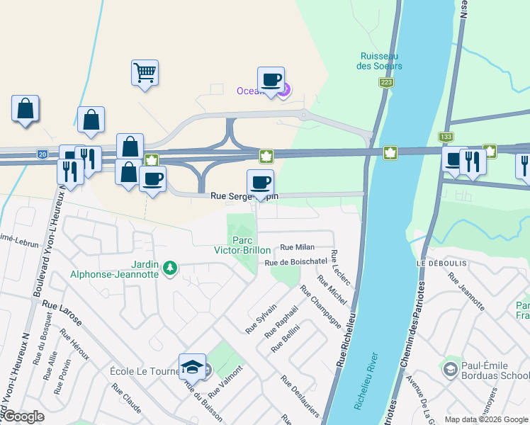 map of restaurants, bars, coffee shops, grocery stores, and more near 174 Rue Serge-Pepin in Beloeil
