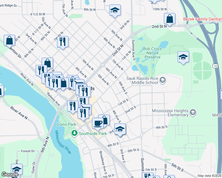 map of restaurants, bars, coffee shops, grocery stores, and more near 30 4th Avenue South in Sauk Rapids