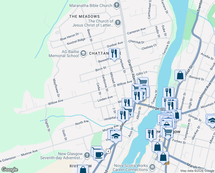 map of restaurants, bars, coffee shops, grocery stores, and more near 145 Willow Avenue in New Glasgow