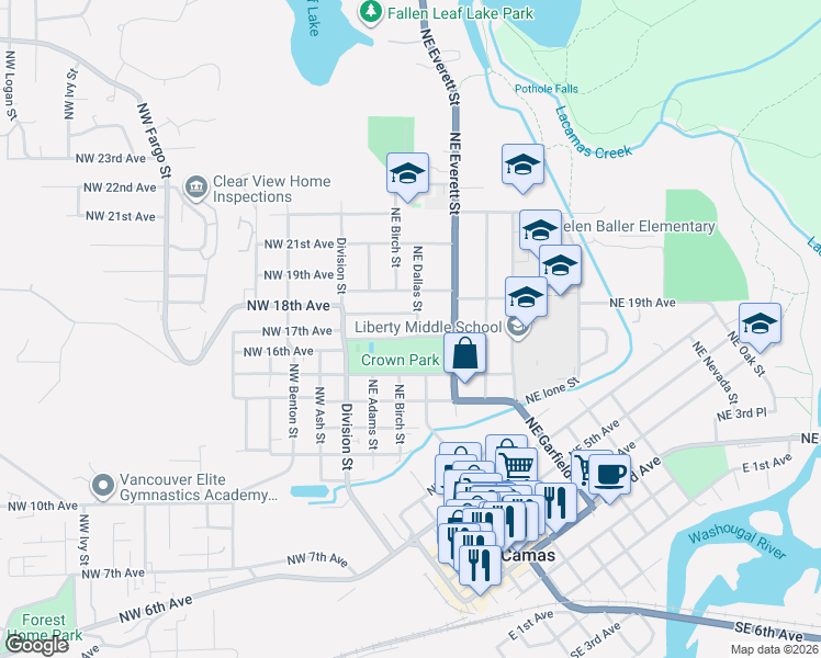 map of restaurants, bars, coffee shops, grocery stores, and more near 1709 Northeast Dallas Street in Camas