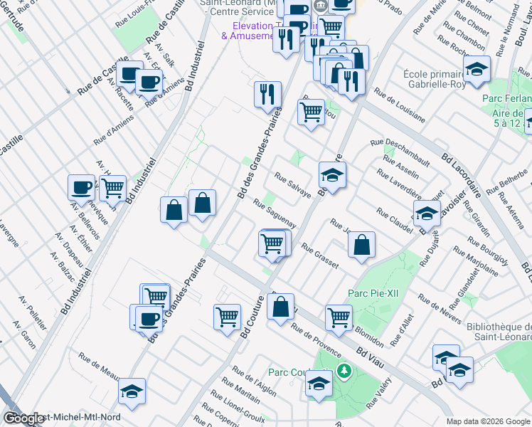 map of restaurants, bars, coffee shops, grocery stores, and more near 9238 Rue du Saguenay in Montréal