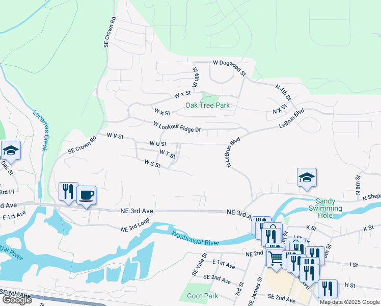 map of restaurants, bars, coffee shops, grocery stores, and more near 686 West U Street in Washougal