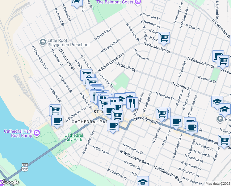 map of restaurants, bars, coffee shops, grocery stores, and more near 8427 North Central Street in Portland