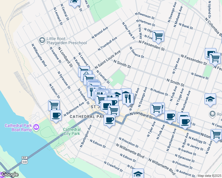 map of restaurants, bars, coffee shops, grocery stores, and more near 8427 North Central Street in Portland