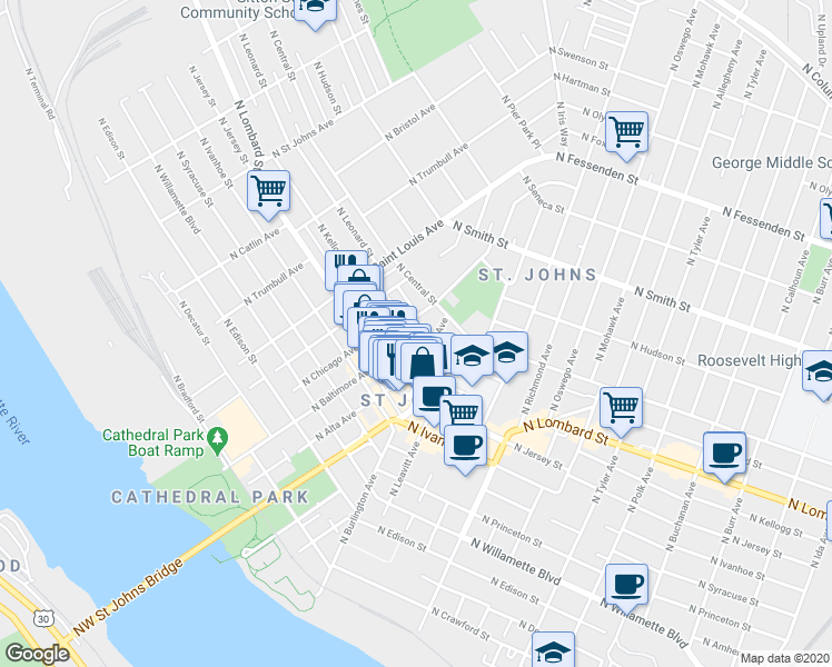 map of restaurants, bars, coffee shops, grocery stores, and more near 8022 North Chicago Avenue in Portland
