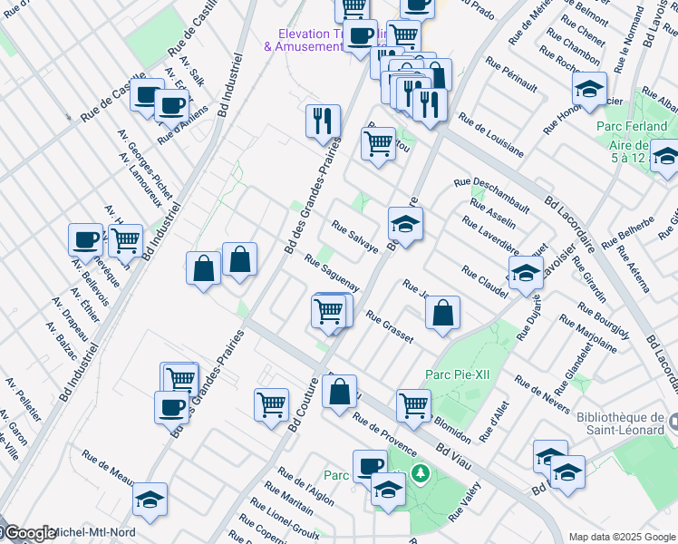 map of restaurants, bars, coffee shops, grocery stores, and more near 9211 Rue du Saguenay in Montréal