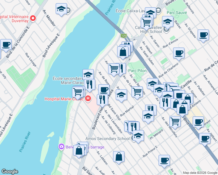 map of restaurants, bars, coffee shops, grocery stores, and more near 3741 Boulevard Henri-Bourassa Est in Montréal