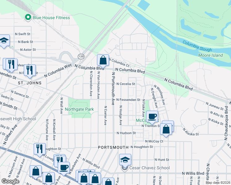 map of restaurants, bars, coffee shops, grocery stores, and more near 9630 North Portsmouth Avenue in Portland