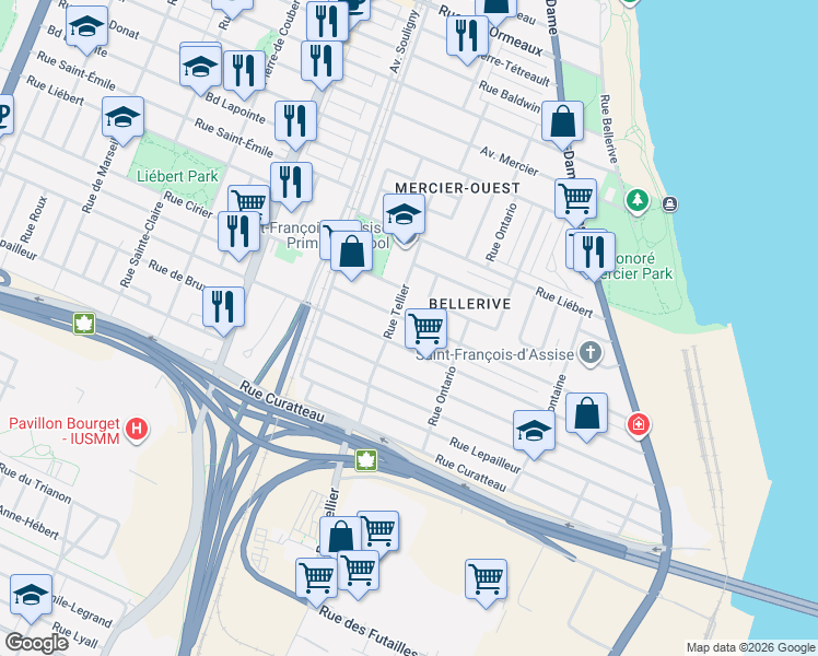 map of restaurants, bars, coffee shops, grocery stores, and more near 2092 Rue de Beaurivage in Montréal
