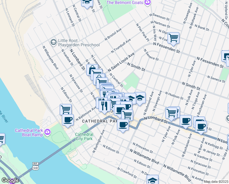 map of restaurants, bars, coffee shops, grocery stores, and more near 8635 North Leonard Street in Portland