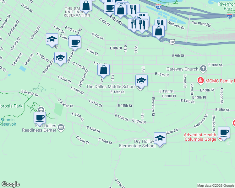 map of restaurants, bars, coffee shops, grocery stores, and more near 910 East 13th Street in The Dalles