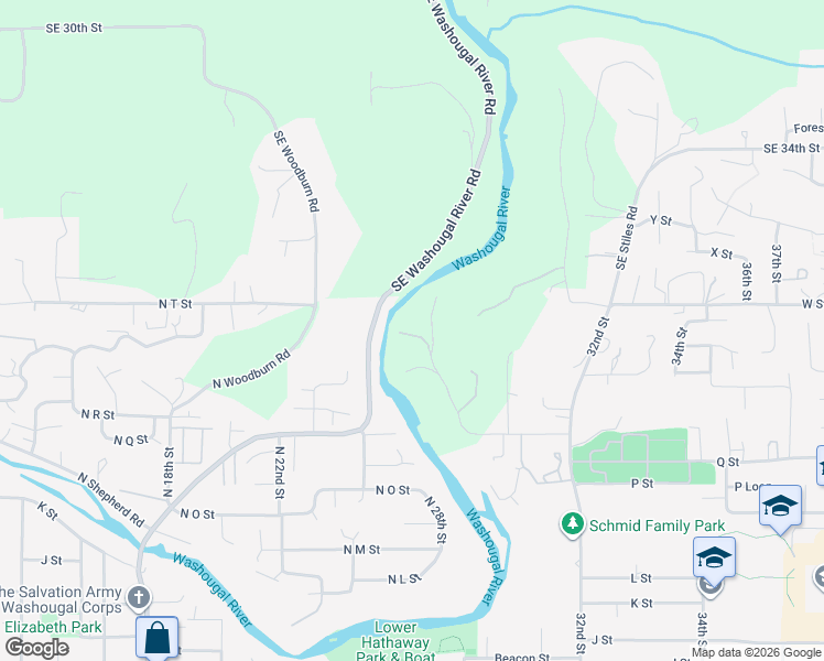 map of restaurants, bars, coffee shops, grocery stores, and more near 2614 R Street in Washougal