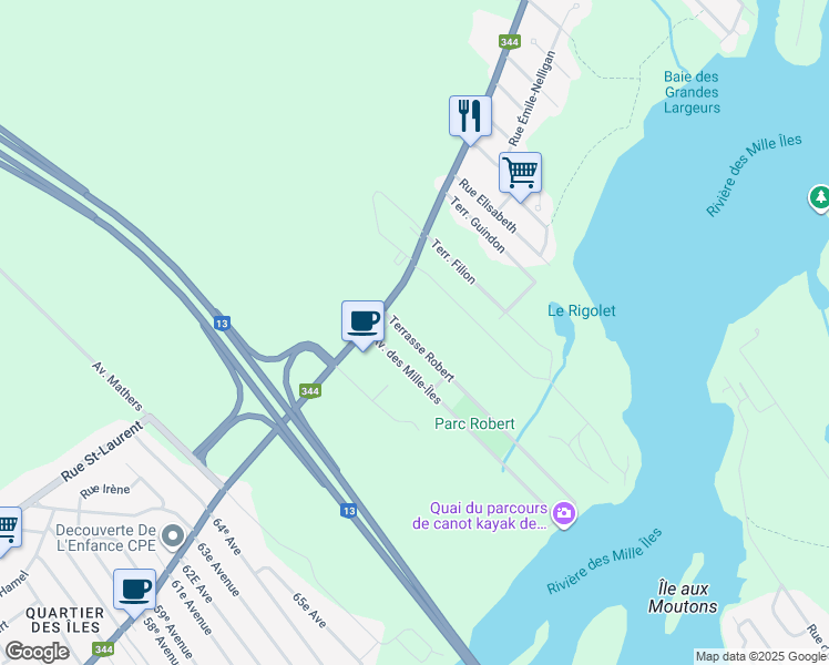 map of restaurants, bars, coffee shops, grocery stores, and more near 11 Terrasse Robert in Boisbriand