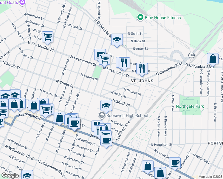 map of restaurants, bars, coffee shops, grocery stores, and more near 7118 North Seneca Street in Portland