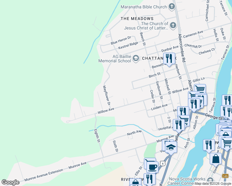 map of restaurants, bars, coffee shops, grocery stores, and more near 2 Willow Avenue in New Glasgow