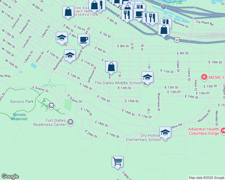 map of restaurants, bars, coffee shops, grocery stores, and more near 804 East 13th Street in The Dalles