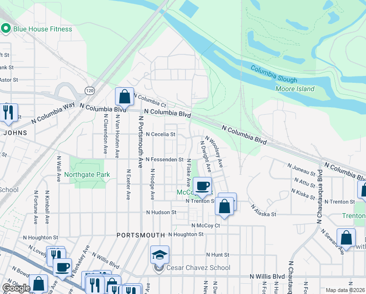 map of restaurants, bars, coffee shops, grocery stores, and more near 9620 North Haven Avenue in Portland