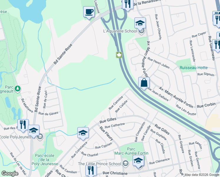map of restaurants, bars, coffee shops, grocery stores, and more near in Laval