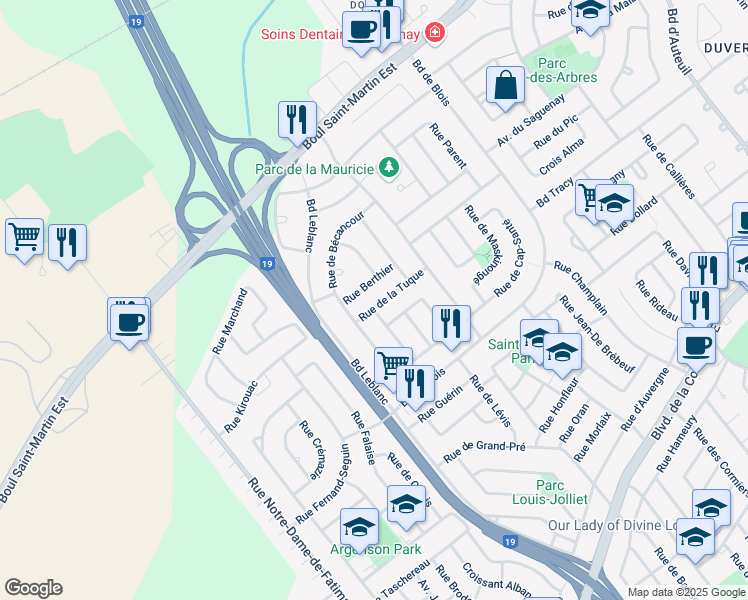 map of restaurants, bars, coffee shops, grocery stores, and more near 2115 Rue de la Tuque in Laval