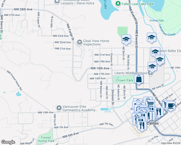 map of restaurants, bars, coffee shops, grocery stores, and more near 441 Northwest 17th Avenue in Camas