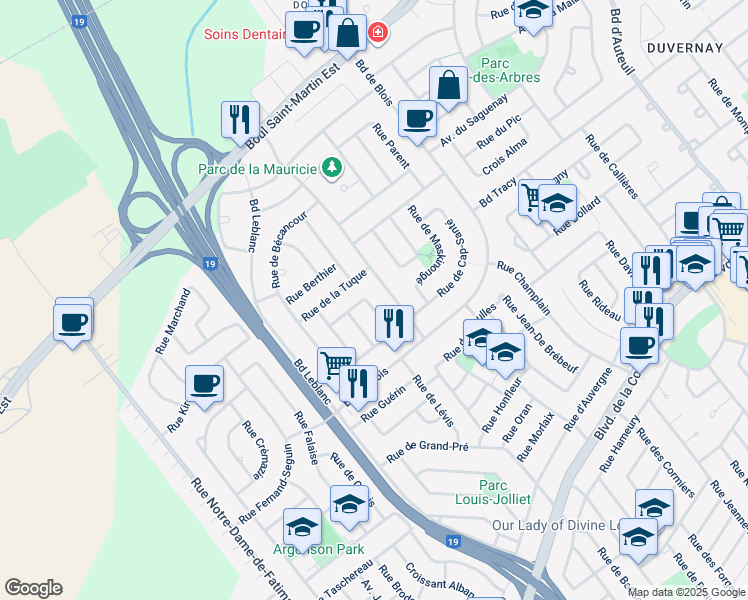 map of restaurants, bars, coffee shops, grocery stores, and more near 1575 Rue de Grondines in Laval
