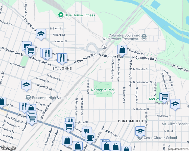 map of restaurants, bars, coffee shops, grocery stores, and more near 5973 North Fessenden Street in Portland