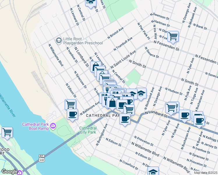 map of restaurants, bars, coffee shops, grocery stores, and more near 8935 North Kellogg Street in Portland