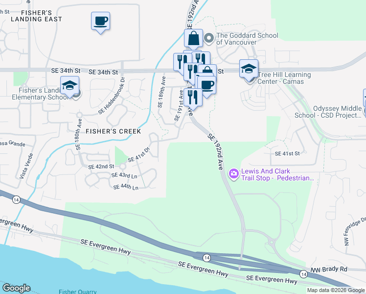 map of restaurants, bars, coffee shops, grocery stores, and more near 3910 Southeast 192nd Avenue in Vancouver