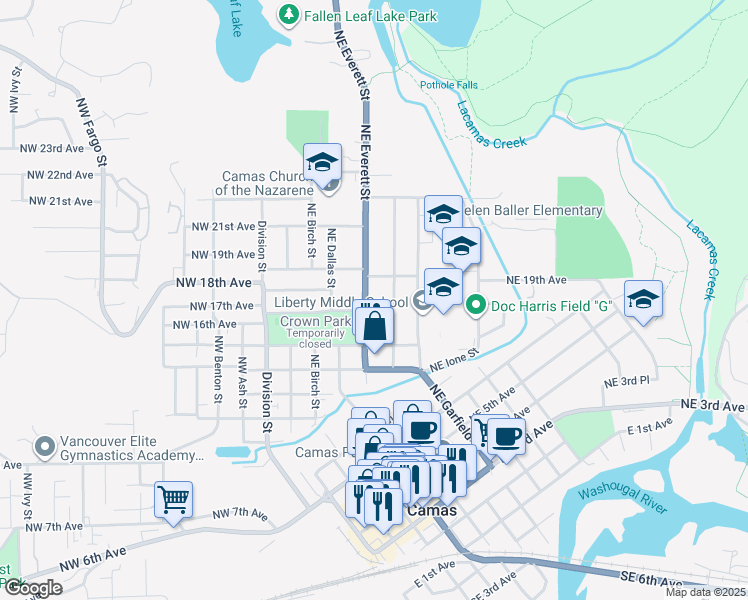 map of restaurants, bars, coffee shops, grocery stores, and more near 1714 Northeast Everett Street in Camas