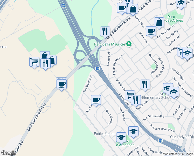 map of restaurants, bars, coffee shops, grocery stores, and more near 1882 Rue Marchand in Laval