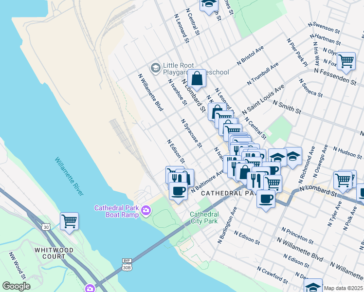 map of restaurants, bars, coffee shops, grocery stores, and more near 9235 North Edison Street in Portland