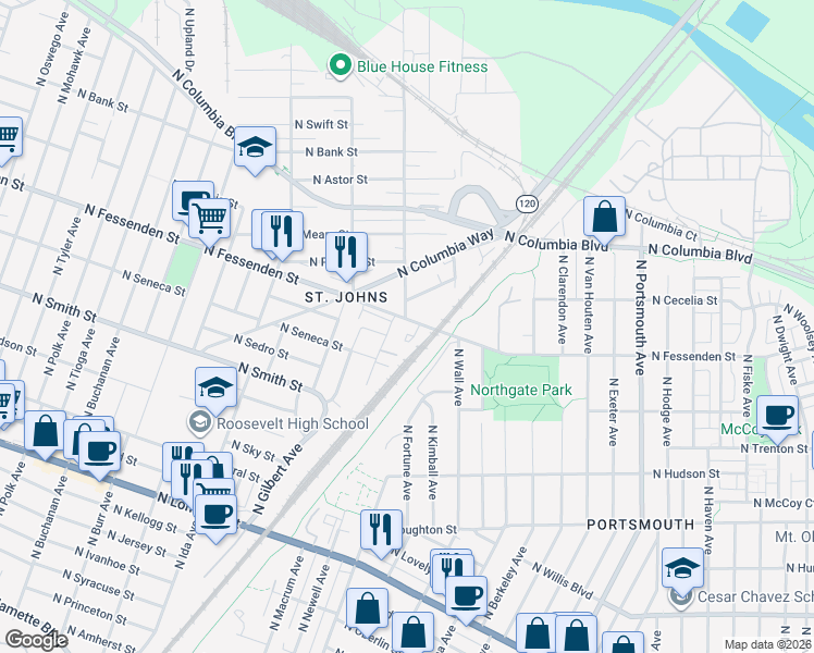 map of restaurants, bars, coffee shops, grocery stores, and more near 6285 North Fessenden Street in Portland