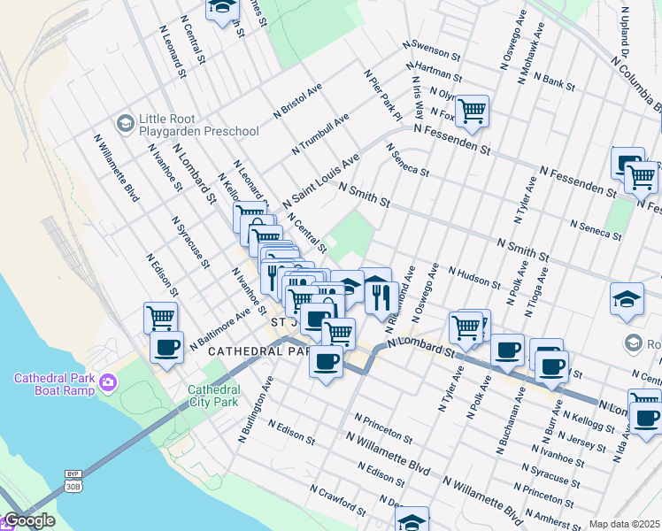 map of restaurants, bars, coffee shops, grocery stores, and more near 8538 North Central Street in Portland