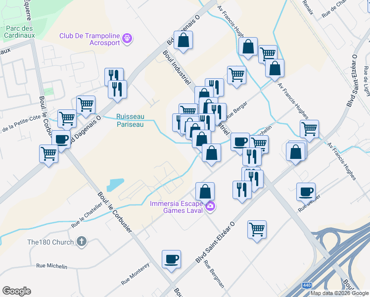 map of restaurants, bars, coffee shops, grocery stores, and more near 1399 Rue Bergar in Laval