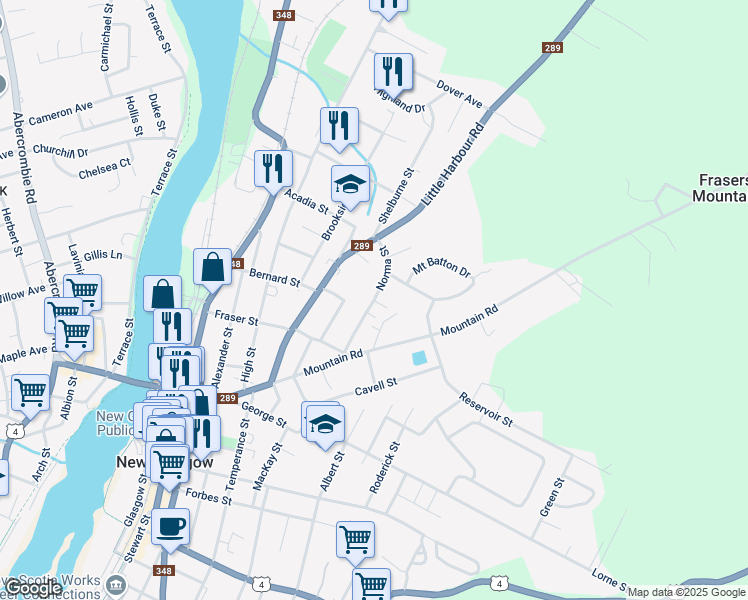 map of restaurants, bars, coffee shops, grocery stores, and more near Norma Street in New Glasgow