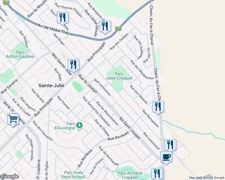 map of restaurants, bars, coffee shops, grocery stores, and more near 466 Avenue Jules-Choquet in Sainte-Julie