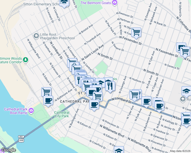map of restaurants, bars, coffee shops, grocery stores, and more near 8542 North Central Street in Portland