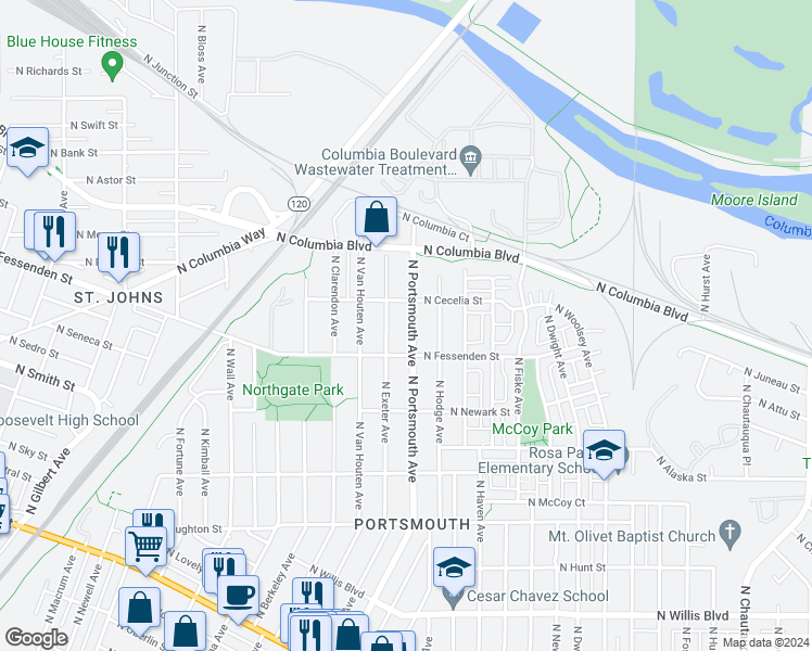map of restaurants, bars, coffee shops, grocery stores, and more near 9609 North Portsmouth Avenue in Portland