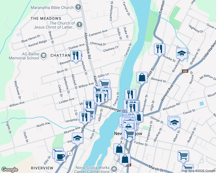 map of restaurants, bars, coffee shops, grocery stores, and more near 57 Bell Street in New Glasgow