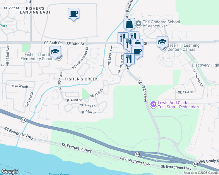 map of restaurants, bars, coffee shops, grocery stores, and more near 4006 Southeast 187th Loop in Vancouver