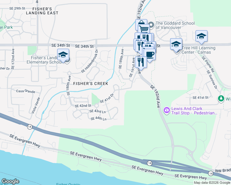 map of restaurants, bars, coffee shops, grocery stores, and more near 4006 Southeast 187th Loop in Vancouver