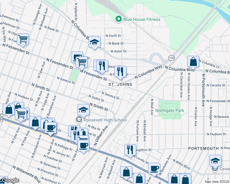 map of restaurants, bars, coffee shops, grocery stores, and more near 6830 North Columbia Way in Portland